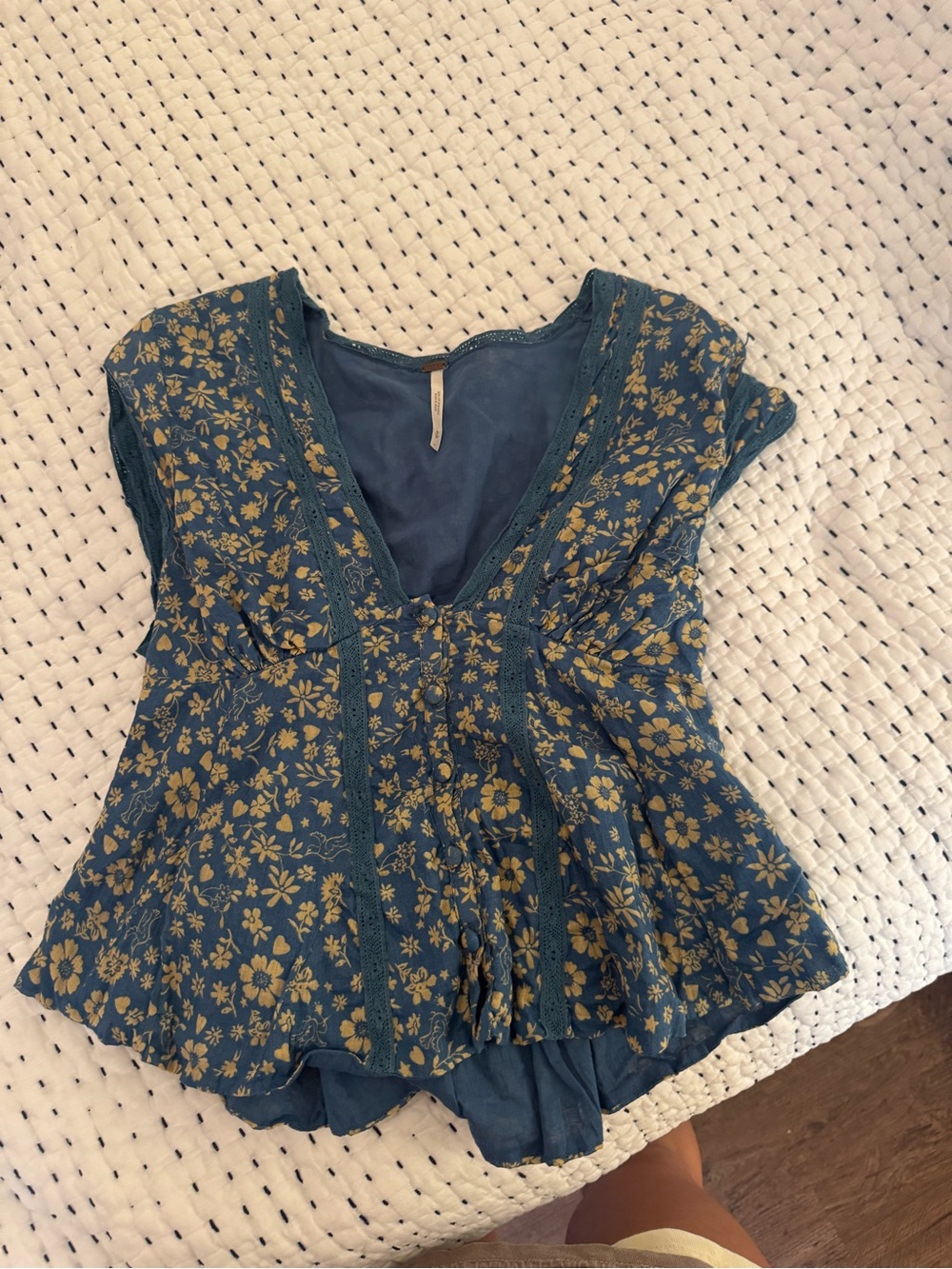 Free People Teal Floral V-Neck Button Peplum Blouse